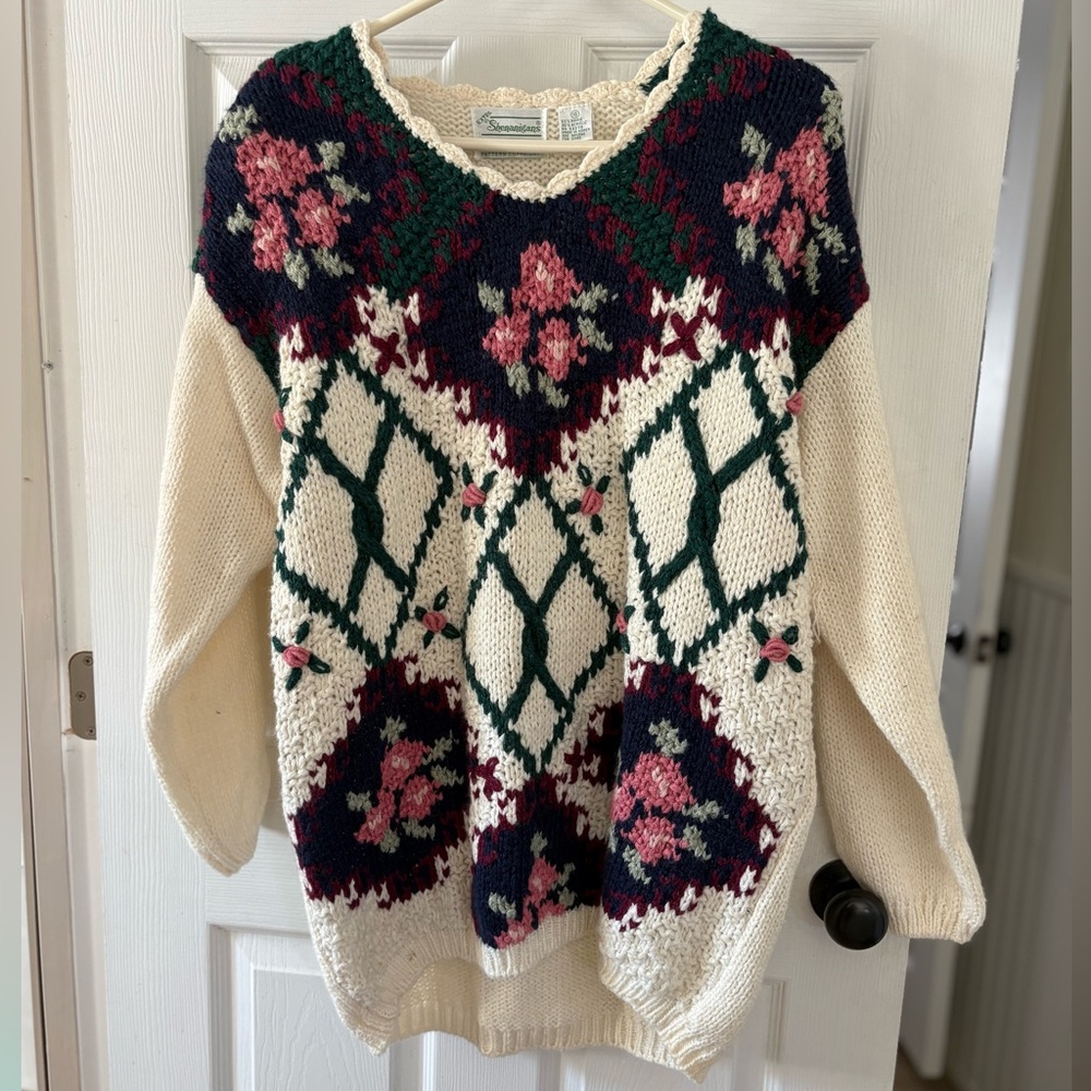 Extra Shenanigans Floral Hand Knit Patterned Sweater - Cream, Green, Pink